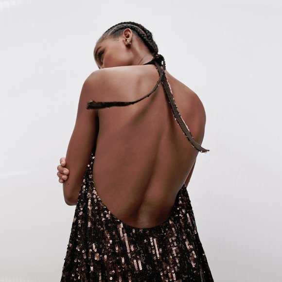 Zara rich brown sequin halter long dress, S - Picture 6 of 12